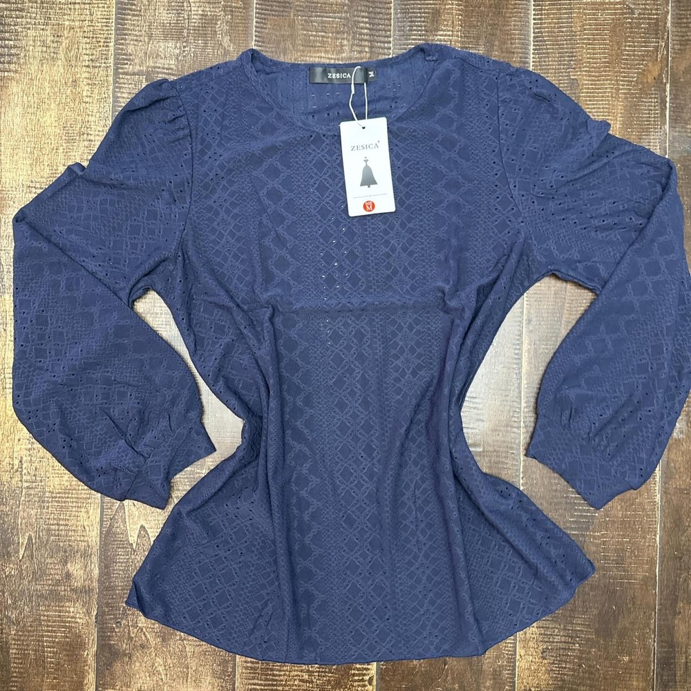 ZESICA Long Sleeve Eyelet Top Crew Neck Spring Shirt•Casual Loose Blouse